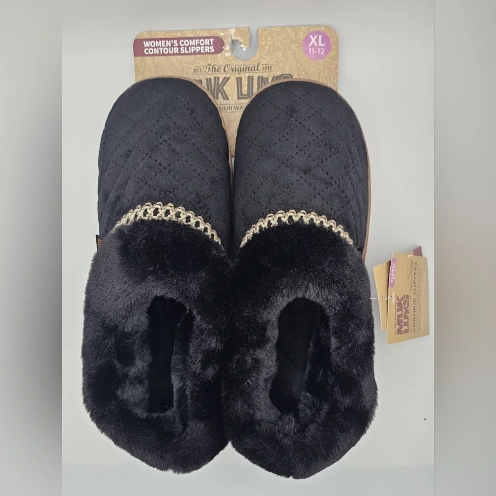 NWT MUK LUKS Comfort Contour Slippers Black Quilted XL 11-12
